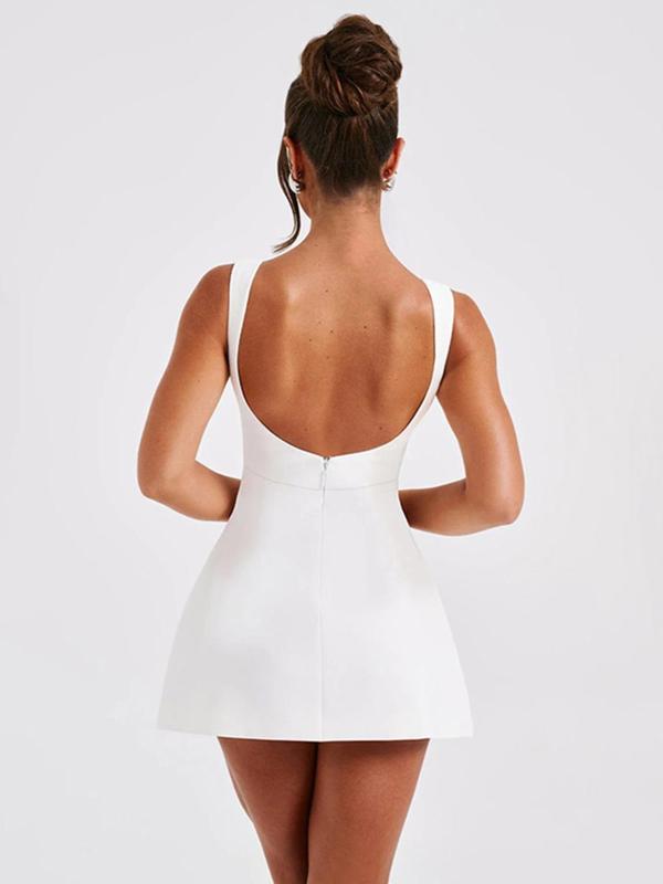 Women's Solid Backless Boat Neck A Line Dress, Fashion Casual Sleeveless Short Dress for Daily Outdoor Wear, Ladies Dress for Summer