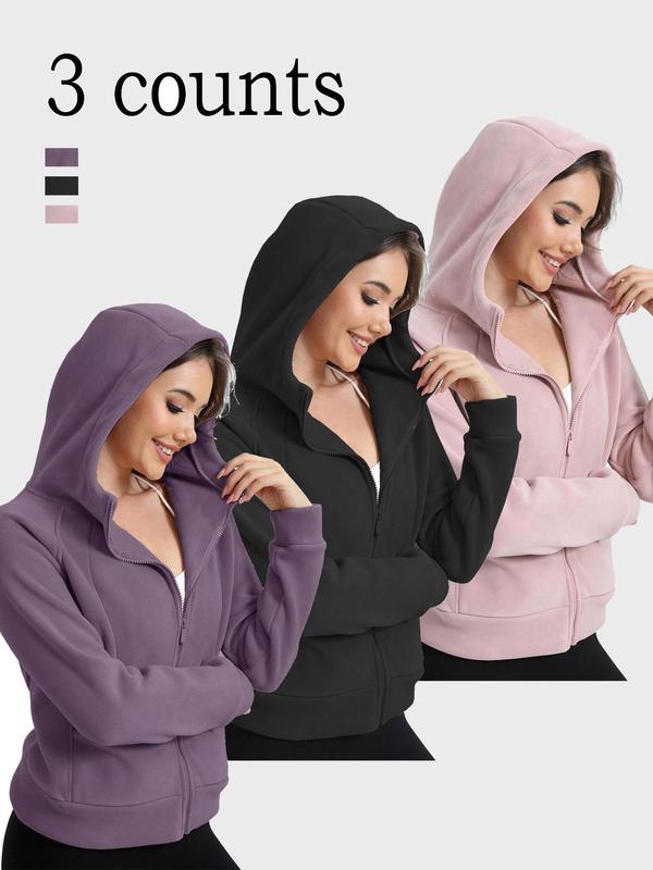 Women's Solid Pocket Zip Up Hooded Sports Sweatshirt, Casual Womenswear, Longsleeves Raglan Sleeve Pullover for Fall & Winter,  Gym Tops, Women's Sportswear for Lady Indoor Outdoor Back To School Wear, Fall Outfits 2024