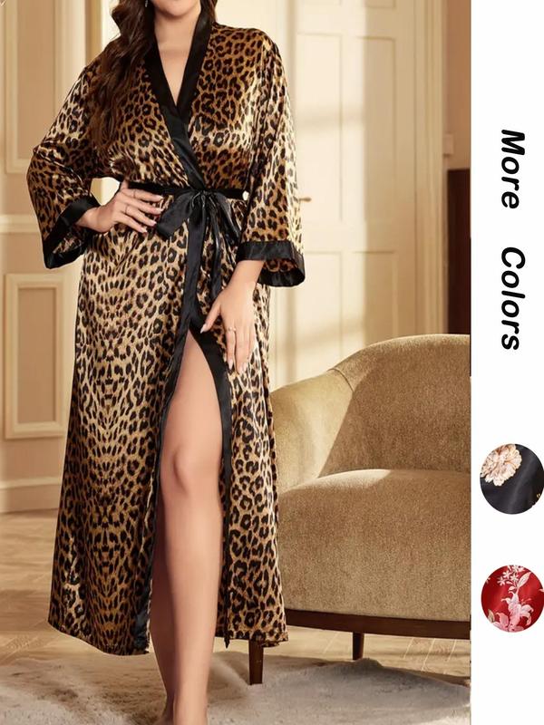 Women's Leopard Print Contrast Binding Robe, Fashion Pumpkin Printed Belted Stretch Satin Long Dressing Gown for Women, Satin Robe, Women Nightwear, Casual Ladies Sleepwear for All Seasons