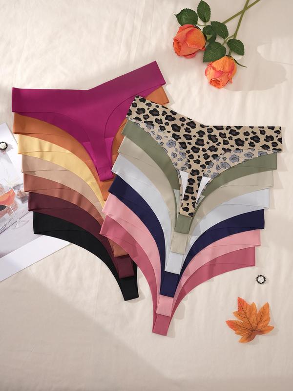 Women's Solid   Leopard Print Thong, Soft Comfy Breathable Seamless Panty for Daily Wear, Women's Underwear for All Seasons