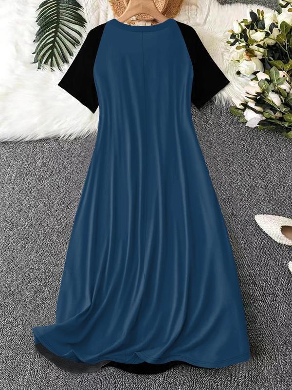  Women's Colorblock Raglan Sleeve Lounge Dress, Casual Soft Comfortable Round Neck Short Sleeve Midi Dress for Daily Home Wear, Sleepwear for All Seasons