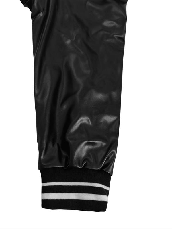  Letter & Striped Print PU Leather Crop Jacket, Casual Drop Shoulder Long Sleeve Button Front Outerwear for Daily Wear, Women's Clothing for Fall & Winter