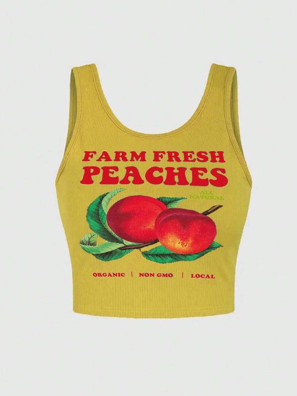 Women's Peach Print Round Neck Crop Tank Top, Casual 2000s Y2K Letter Print Sleeveless Cropped Top for Summer, Fashion Casual Women's Clothing for Daily Wear