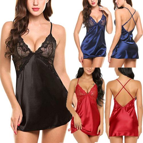 Women’s Summer Lingerie Dress, Smooth Sling Floral Lace Backless Dress, Sexy Deep V-Neck Babydoll, Cozy Chemise Sleepwear