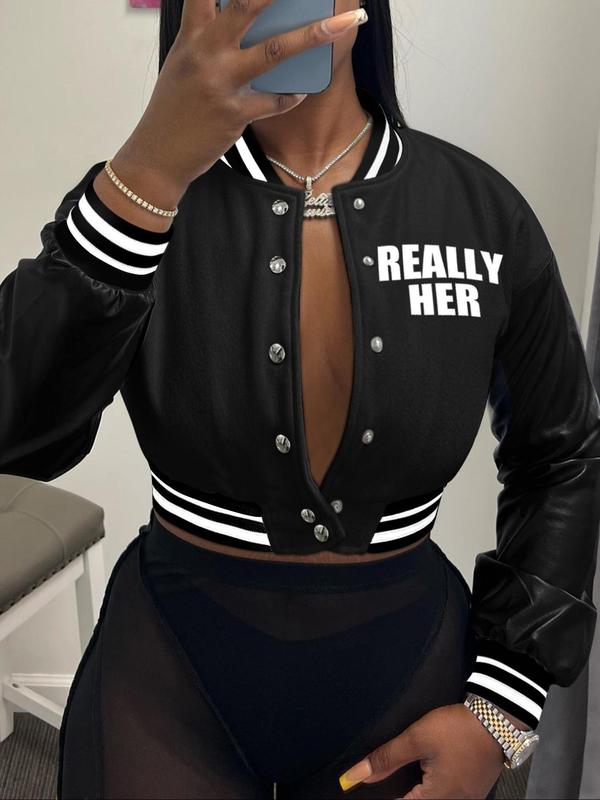  Letter & Striped Print PU Leather Crop Jacket, Casual Drop Shoulder Long Sleeve Button Front Outerwear for Daily Wear, Women's Clothing for Fall & Winter