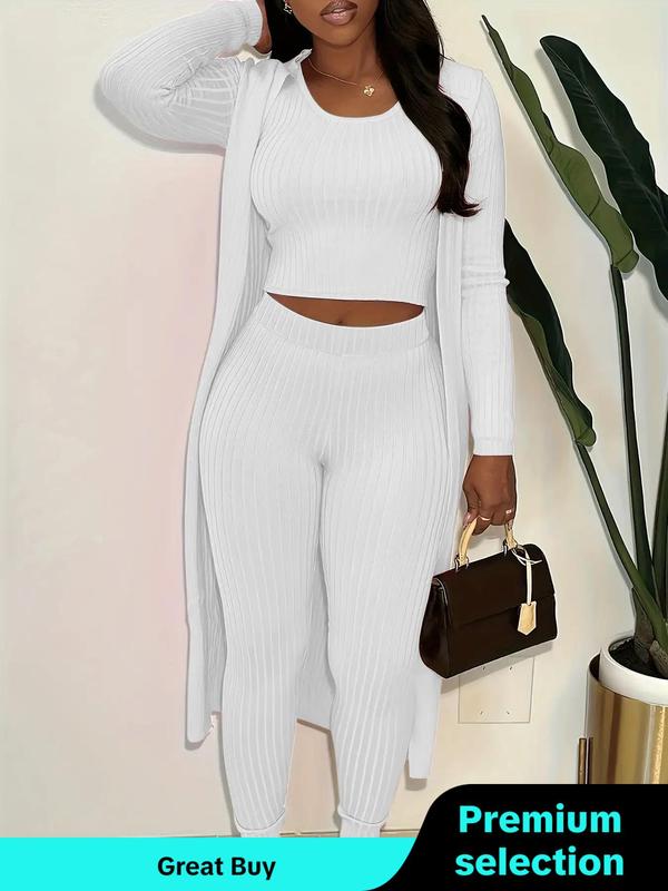 3 Counts Women's Plus Size Minimalist Solid Co-ords Set, Lady Basic Casual Comfort Spaghetti Strap Crop Top & High Waist Skinny Pants & Open Front Long Coat Set, Women's 3 Piece Sets, Going Out Outfits 2024 Downtown Girl Clothes