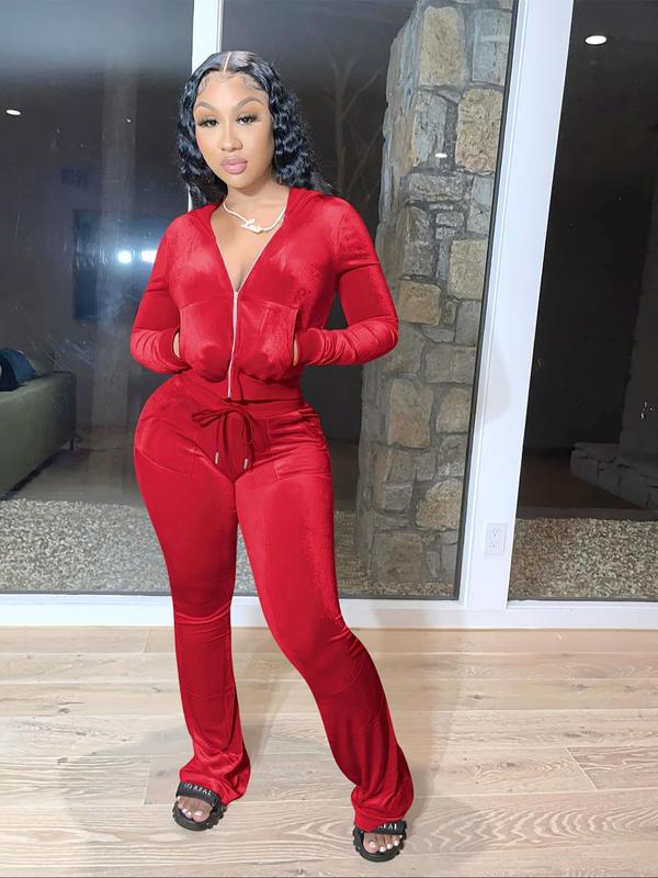 Women's Solid Zip Up Hoodie & Drawstring Waist Pants Velvet Two-piece Set, Casual Long Sleeve Hooded Sweatshirt & Pocket Trousers for Fall & Winter, Women's Clothes for Daily Wear