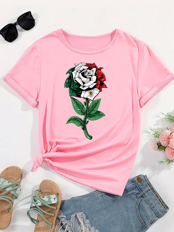 Women's Rose & Mexican Flag Print Round Neck Tee, Casual Short Sleeve Crew Neck T-Shirt for Summer, Fashion Women's Top for Daily Wear