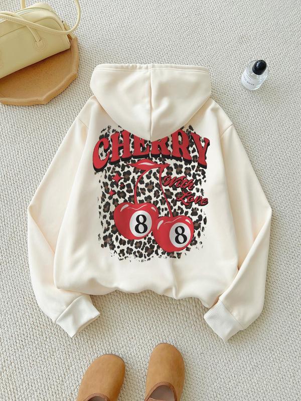 Women's Cherry & Letter & Leopard Print Drawstring Pocket Thermal Lined Hoodie, Fashion Casual Long Sleeve Hooded Sweatshirt for Daily Holiday Outdoor Wear, Women Clothing for Fall & Winter