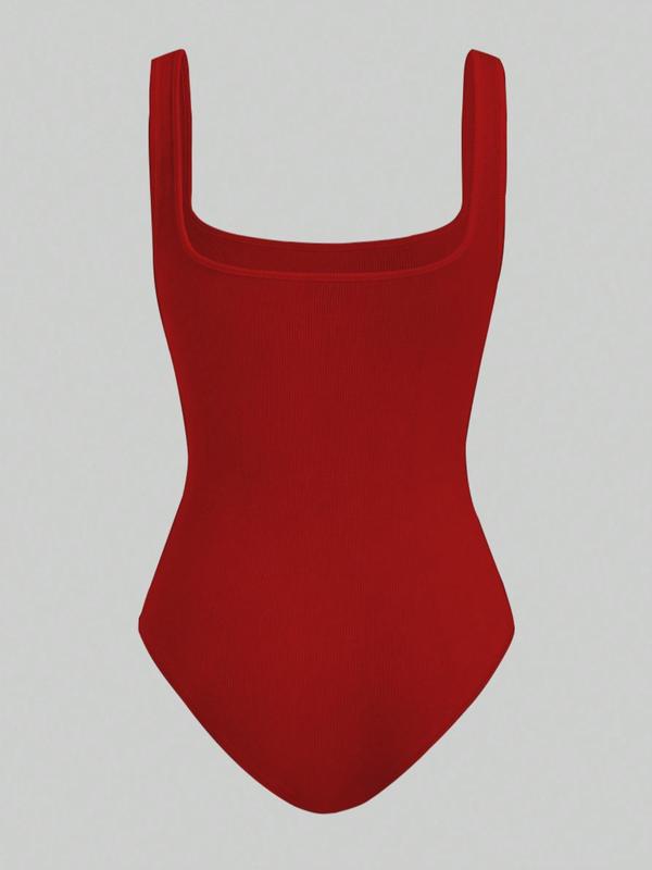 Women's Solid Square Neck Ribbed Bodysuit, Casual Sexy Breathable Seamless Sleeveless Tank Bodysuit for Summer, Ladies Clothes for Daily Wear