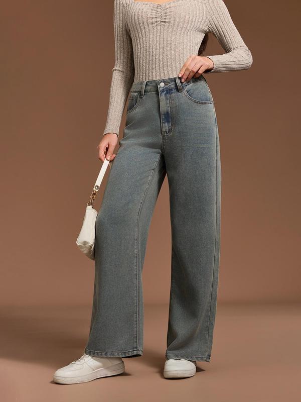 YOZY Women's Strawberry Embroidery Pocket Straight Leg Denim-Effect Print Pants, Casual Comfy Button Denim-Effect Print Trousers for Daily Wear, Ladies Bottoms for All Seasons