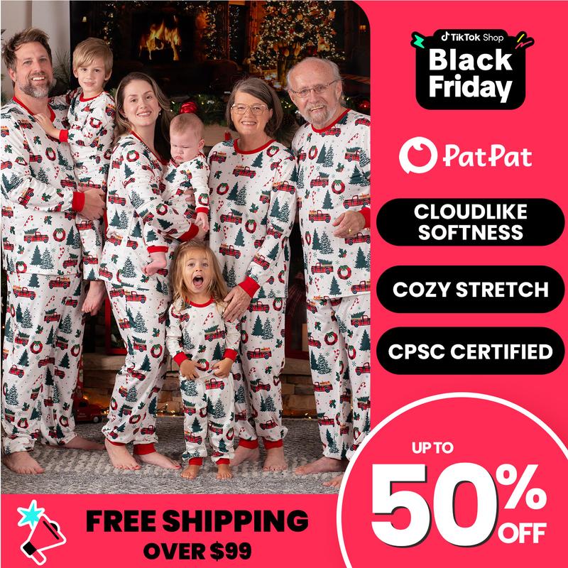 PatPat Christmas Pajamas Soft & Stretchy Family Matching Sets Car Christmas Tree Patterned Sleepwear Xmas PJS for Women Men Couples Adult Kids,Cute Pajama,Cozy Pajamas (Flame Resistant)