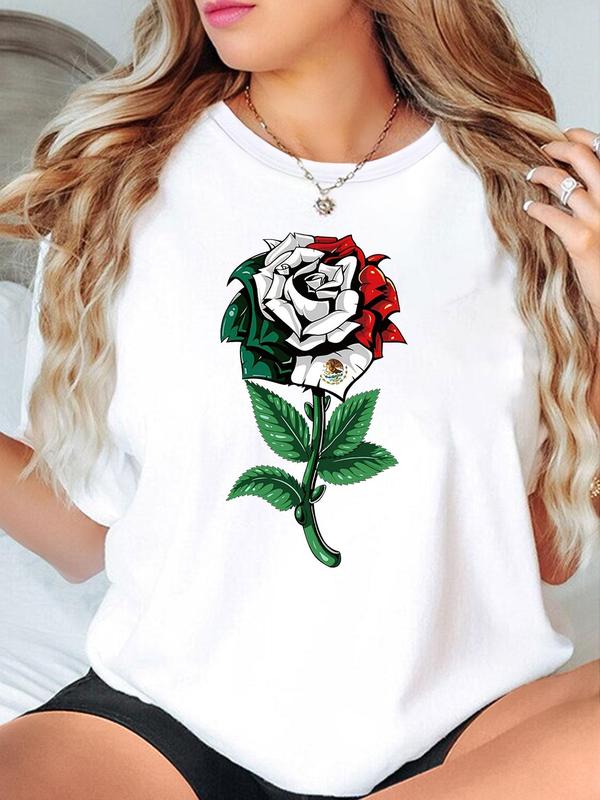 Women's Rose & Mexican Flag Print Round Neck Tee, Casual Short Sleeve Crew Neck T-Shirt for Summer, Fashion Women's Top for Daily Wear