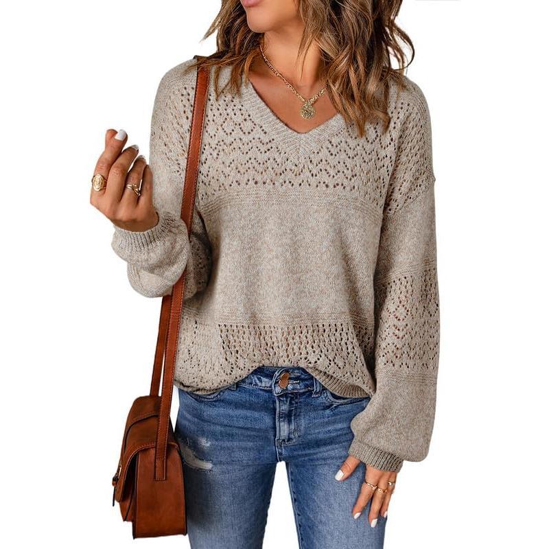 EVALESS Womens Sweaters Casual Long Sleeve V Neck Lightweight Crochet Pullover Sweater Tops Knitwear Womenswear