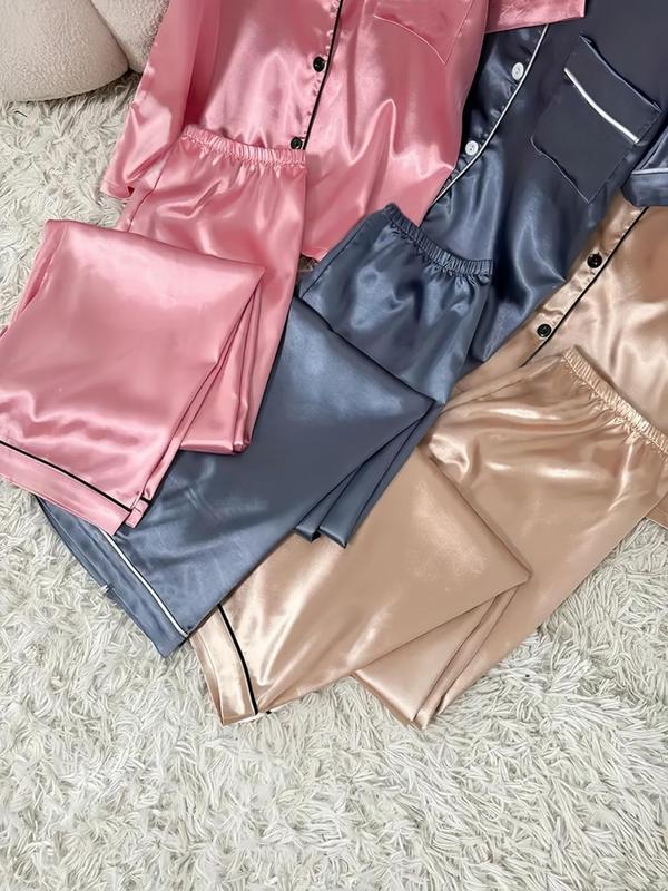 Women's Contrast Binding Lapel Shirt & Elastic Waist Pants Satin Pyjama Set, Casual Comfy Short Sleeve Pocket Button Up Top & Elastic Waist Long Trousers PJ Set, Ladies Sleepwear for All Seasons