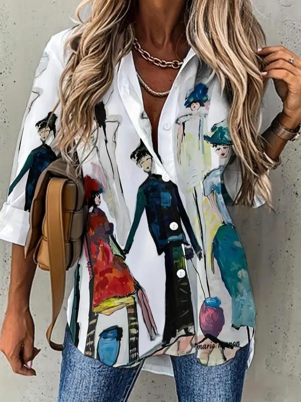 Women's All Over Print Button Front Blouse, Casual Long Sleeve Collared Top for Daily Wear, Ladies Clothes for All Seasons