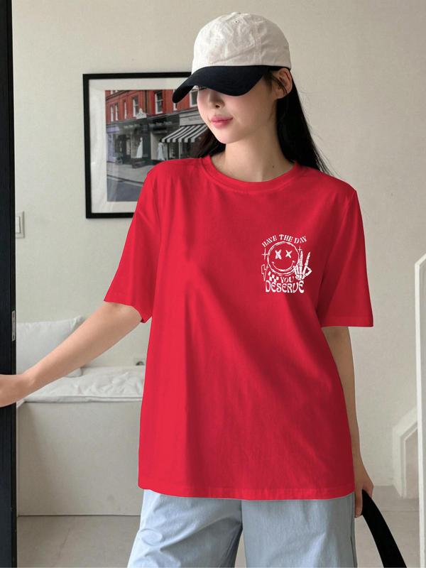 Women's Cartoon & Letter Print Drop Shoulder Tee, Fashion Casual Crew Neck T-shirt for Daily Holiday Vacation Outdoor Wear, Summer Outfits, Back To School Graphic Tees, Ladies Teen Girls Clothes Tops, Summer Tees