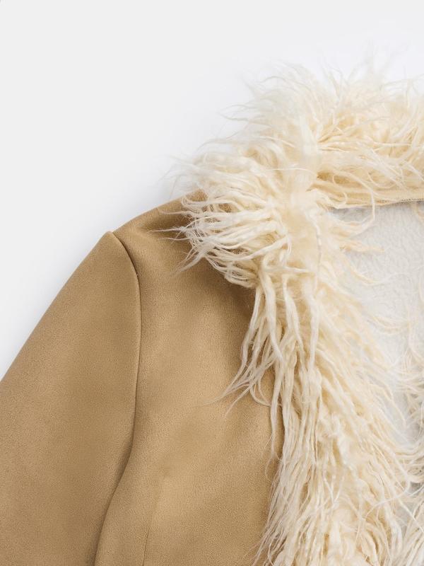 YOZY Women's Contrast Faux Fur Trim Coat, Casual Long Sleeve Open Front Outerwear for Fall & Winter, Ladies Clothes for Daily Wear
