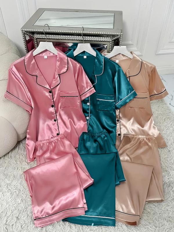 Women's Contrast Binding Lapel Shirt & Elastic Waist Pants Satin Pyjama Set, Casual Comfy Short Sleeve Pocket Button Up Top & Elastic Waist Long Trousers PJ Set, Ladies Sleepwear for All Seasons