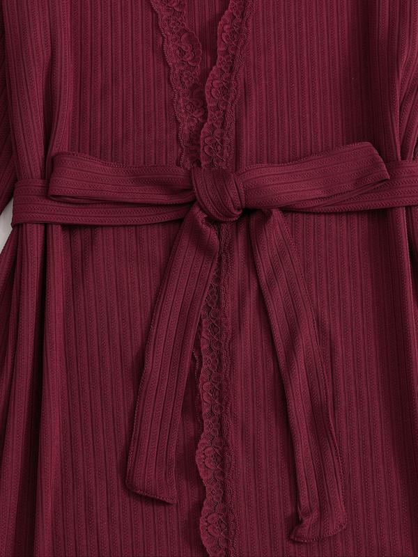 2 Counts Women's Striped Contrast Lace Belted Robe & Cami Nightdress Two-piece Set, Elegant Long Sleeve Robe & Button Front Nightgown, Ladies Sleepwear & Loungewear for All Seasons, 2 Piece Sets Women, Minimalist PJ Sets for Women，Fall Clothes