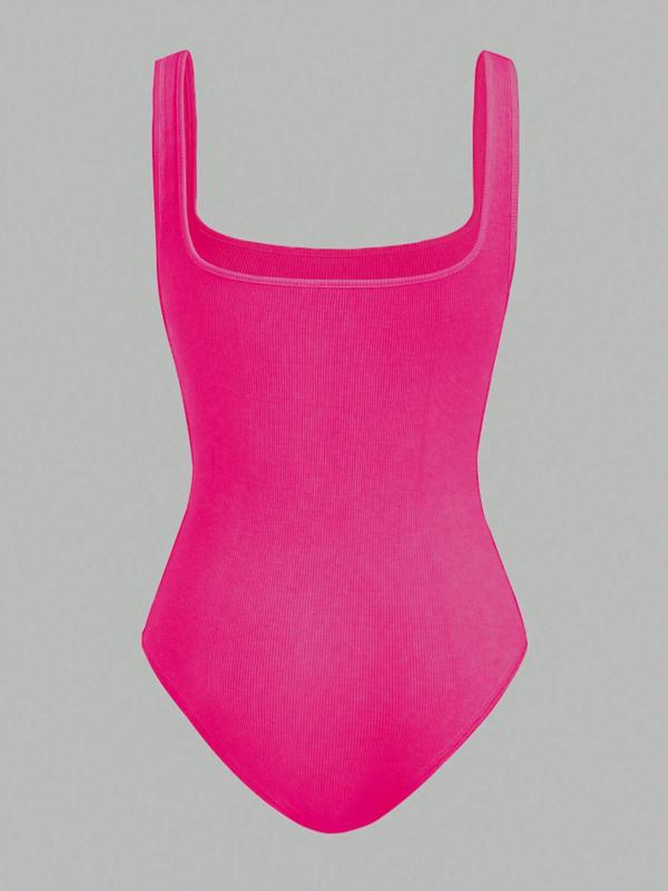 Women's Solid Square Neck Ribbed Bodysuit, Casual Sexy Breathable Seamless Sleeveless Tank Bodysuit for Summer, Ladies Clothes for Daily Wear