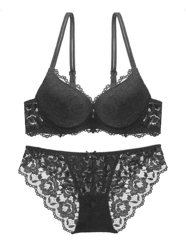 Two-Piece Set Women's Adjustable Strap Lace Bra & Bow Front Panty Set, Solid Color Push Up Lingerie Set, Soft Comfortable Breathable Underwear Set for Daily Wear