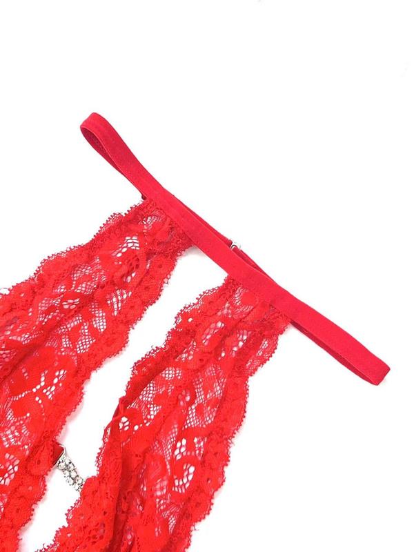  Plain Floral Lace Rhinestone Decor Cut Out Peplum Sexy Lingerie Bodysuit, Casual Sexy Halter Lingerie Bodysuit, Women's Plus Size Lingerie for All Seasons