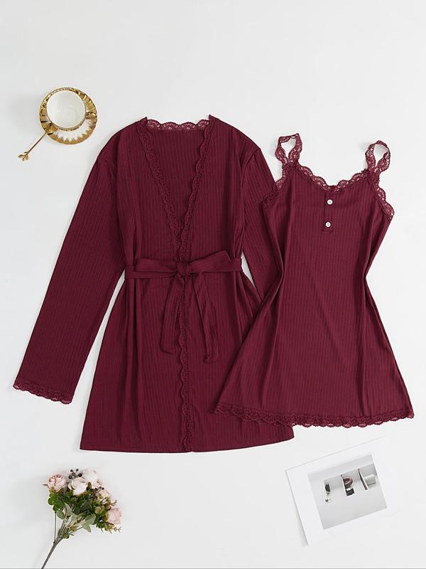 2 Counts Women's Striped Contrast Lace Belted Robe & Cami Nightdress Two-piece Set, Elegant Long Sleeve Robe & Button Front Nightgown, Ladies Sleepwear & Loungewear for All Seasons, 2 Piece Sets Women, Minimalist PJ Sets for Women，Fall Clothes