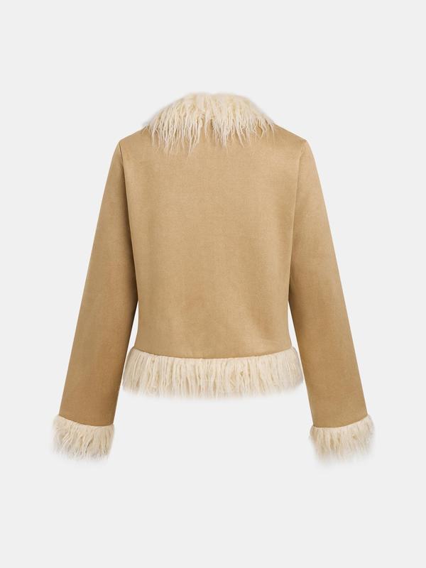 YOZY Women's Contrast Faux Fur Trim Coat, Casual Long Sleeve Open Front Outerwear for Fall & Winter, Ladies Clothes for Daily Wear