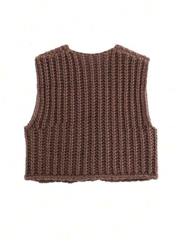 Women's Plain Button Front Pocket Sweater Vest, Casual Round Neck Sleeveless Knitwear for Spring & Fall, Fashion Women's Knit Clothing for Daily Wear