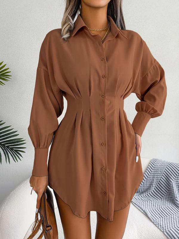 Women's Minimalist Solid Curved Hem Ruched Button Front Collar Shirt Dress, Lady Vintage Drop Shoulder Long Sleeve Short Dress, A-line Dress for Fall School Office, Dresses for Women, Vow Renewal Party Pink Dress Longsleeves