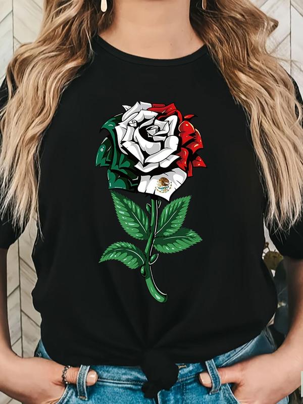 Women's Rose & Mexican Flag Print Round Neck Tee, Casual Short Sleeve Crew Neck T-Shirt for Summer, Fashion Women's Top for Daily Wear