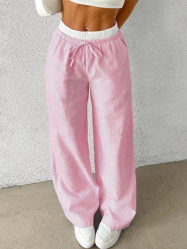 Women's Striped Patchwork Print Drawstring Waist Pants, Casual Comfy Straight Leg Trousers for Daily Wear, Ladies Bottoms for All Seasons