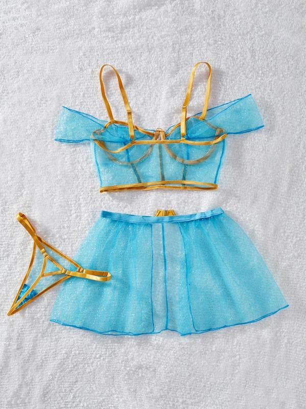 Women's Contrast Binding Sheer Lingerie Three-piece Set, Adjustable Strap Top  & Thong & Skirt  Set, Lingerie Set for Women