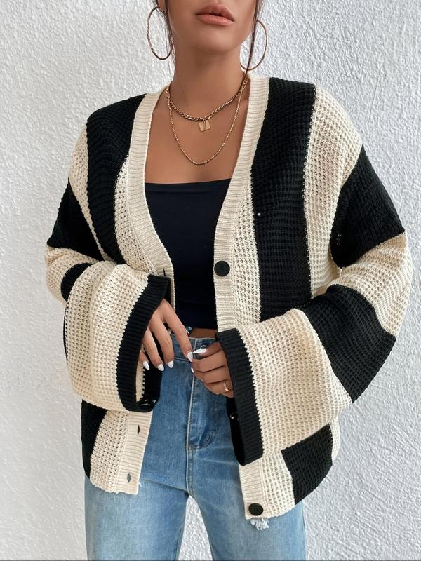 Women's Colorblock Flounce Sleeve Button Front Cardigan, Casual Long Sleeve V Neck Knitwear for Fall & Winter, Fashion Women's Knit Clothing for Daily Wear, Downtown Girl Clothes