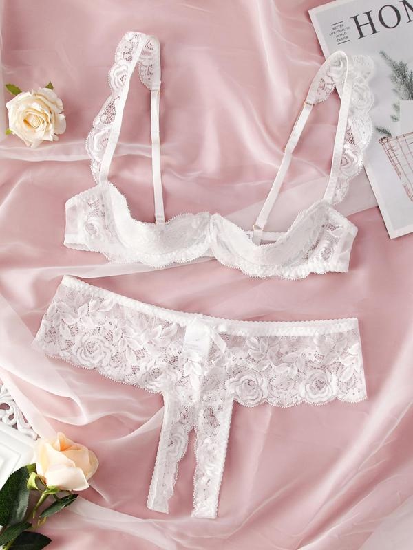 Women's Solid Bow Front Sheer Lace Bra & Thong  Set, Sexy Adjustable Strap Lingerie Set, Women's Lingerie & Underwear