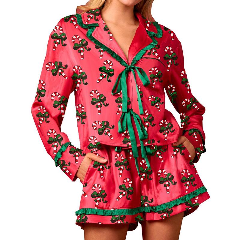 Women Christmas Pajamas Set 2 Pieces Loungewear Suits Candy Cane Cocktail Glasses Print Shirts Tops and Shorts Sleepwear Outfits