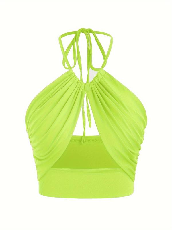 Women's Solid Ruched Tie Back Halter Crop Cami Top, Fashion Casual Backless Top for Summer, Summer Outfits,Ladies Clothes for Beach Holiday Vacation