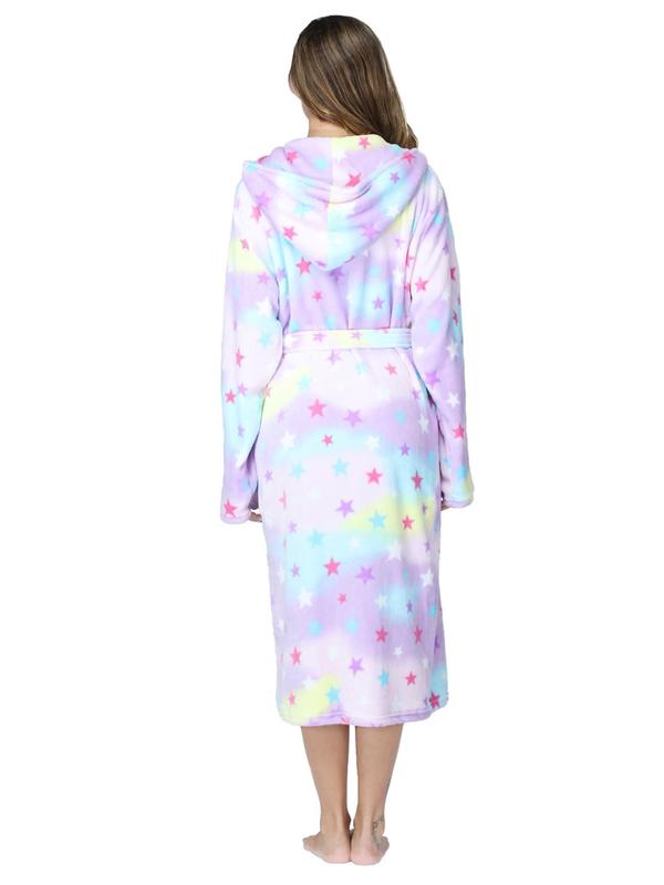 Women's All Over Print Flannel Hooded Robe, Fashion Dual Pocket Drop Shoulder Belted Bathrobe, Women's Sleepwear & Loungewear for Fall & Winter, Fall Wear, Fallfreshness