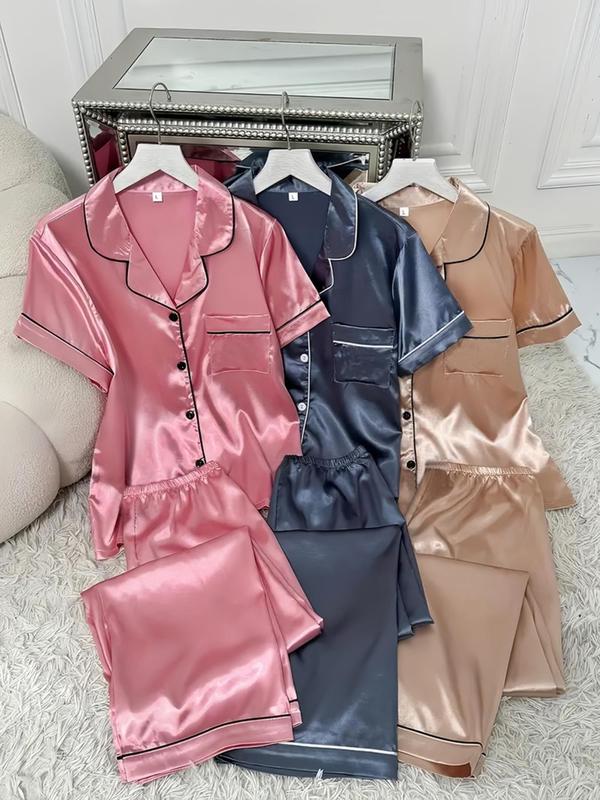 Women's Contrast Binding Lapel Shirt & Elastic Waist Pants Satin Pyjama Set, Casual Comfy Short Sleeve Pocket Button Up Top & Elastic Waist Long Trousers PJ Set, Ladies Sleepwear for All Seasons