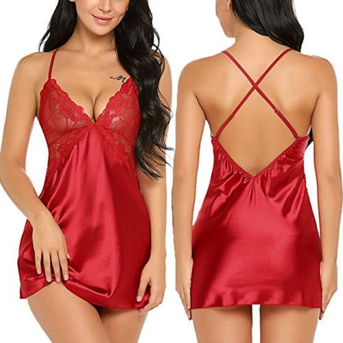 Women’s Summer Lingerie Dress, Smooth Sling Floral Lace Backless Dress, Sexy Deep V-Neck Babydoll, Cozy Chemise Sleepwear