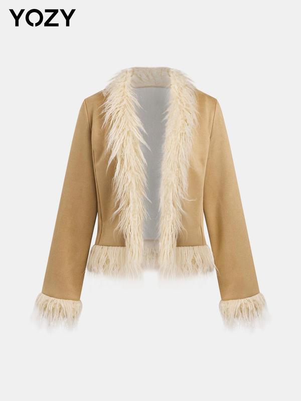YOZY Women's Contrast Faux Fur Trim Coat, Casual Long Sleeve Open Front Outerwear for Fall & Winter, Ladies Clothes for Daily Wear