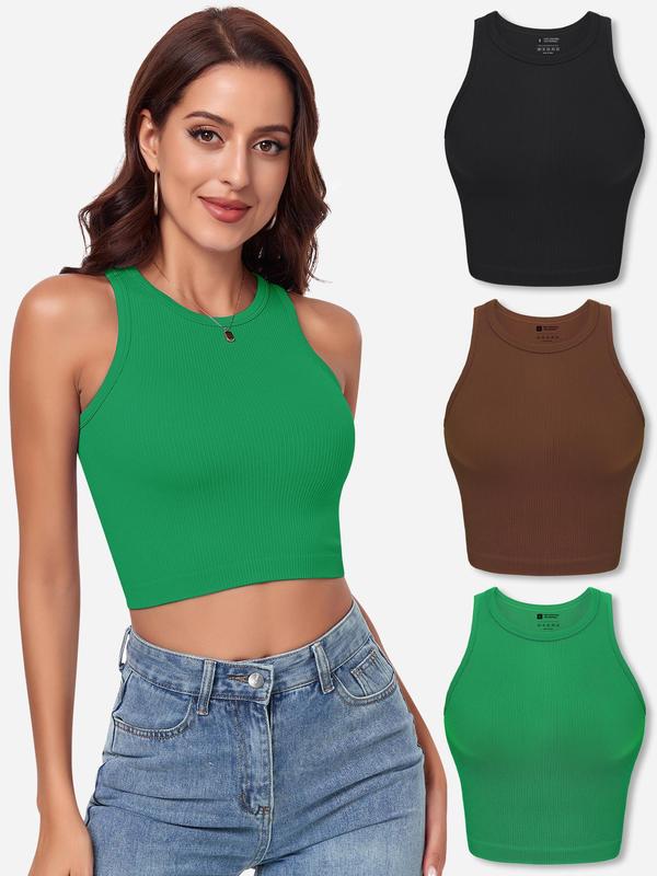 Women's 3pcs Solid Ribbed Crop Shapewear Tank Top, Casual Basic Seamless Sleeveless Shapewear Top for Daily Wear, Ladies Clothes for All Seasons, Summer Wear 2024, Tank Tops for Women, Women's Tops,  Body Shapewear