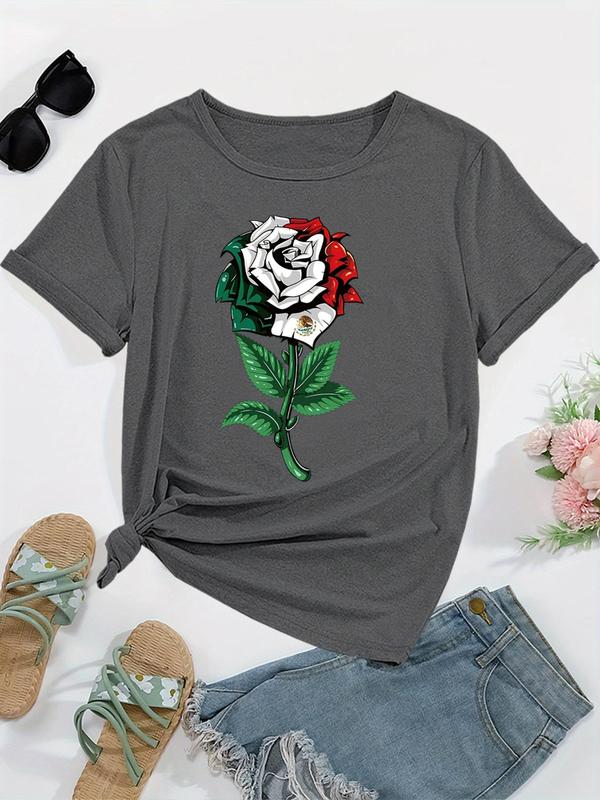 Women's Rose & Mexican Flag Print Round Neck Tee, Casual Short Sleeve Crew Neck T-Shirt for Summer, Fashion Women's Top for Daily Wear