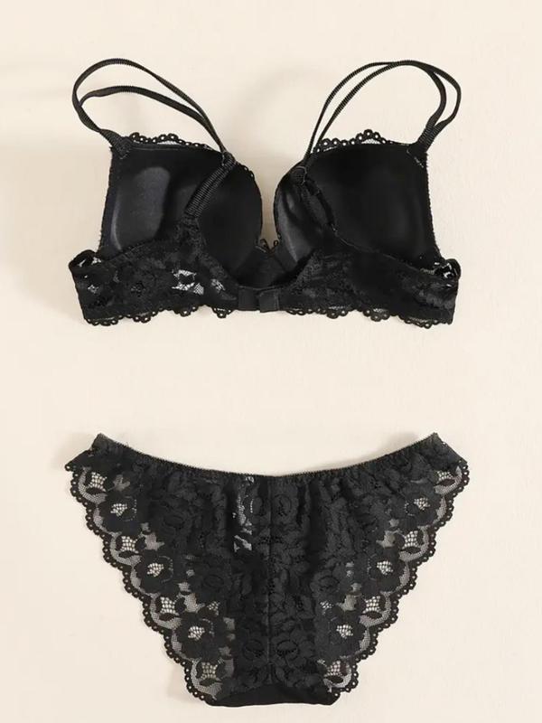Two-Piece Set Women's Adjustable Strap Lace Bra & Bow Front Panty Set, Solid Color Push Up Lingerie Set, Soft Comfortable Breathable Underwear Set for Daily Wear