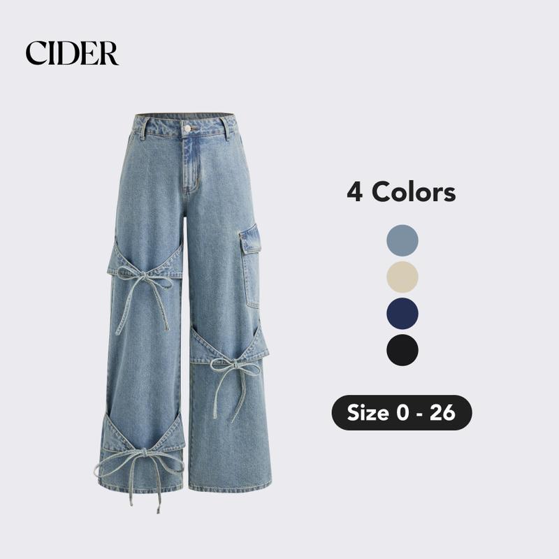 Cider [4 colors, size 0-26] Cider Denim Mid Rise Solid Three Dimensions Bowknot Pocket Wide Leg Jeans, Cute Womenswear