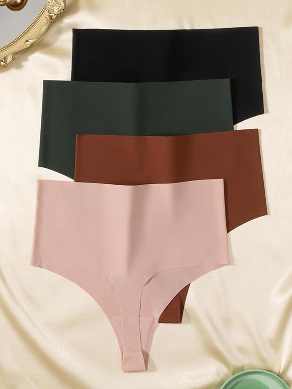 Women's 4pcs Solid Color High Waist Thong, Comfy Breathable Seamless Knicker for Daily Wear,  Underwear for Women, Ladies Underwear for All Seasons