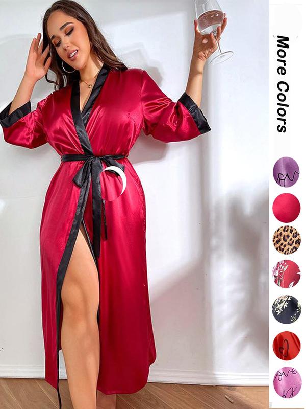 Women's Leopard Print Contrast Binding Robe, Fashion Pumpkin Printed Belted Stretch Satin Long Dressing Gown for Women, Satin Robe, Women Nightwear, Casual Ladies Sleepwear for All Seasons