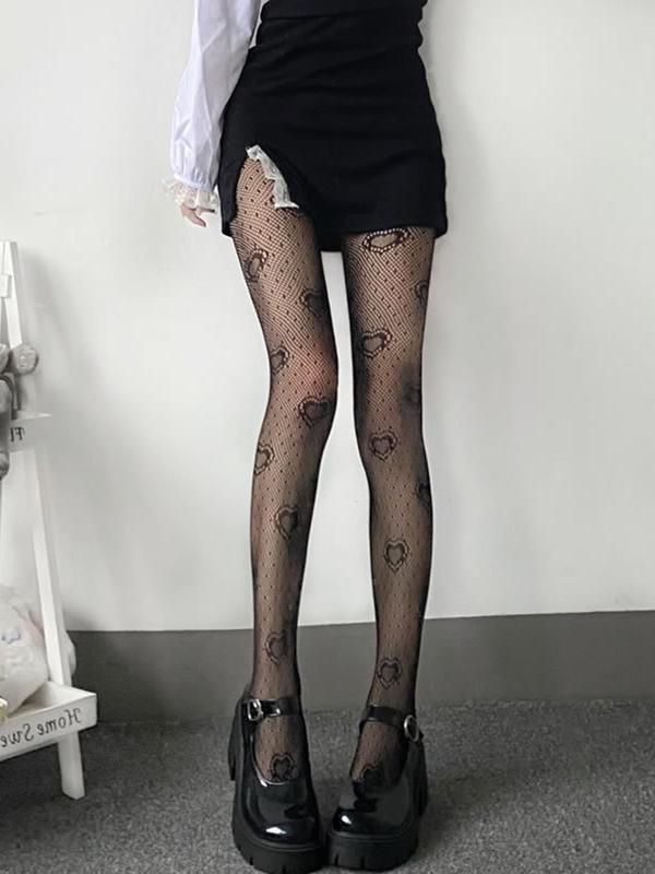 Women's 1 Pair Heart Print Sheer Sexy Fishnet Tights, Fashion Casual Comfy Breathable Pantyhose for Daily Outdoor Wear, Ladies Stockings for All Seasons