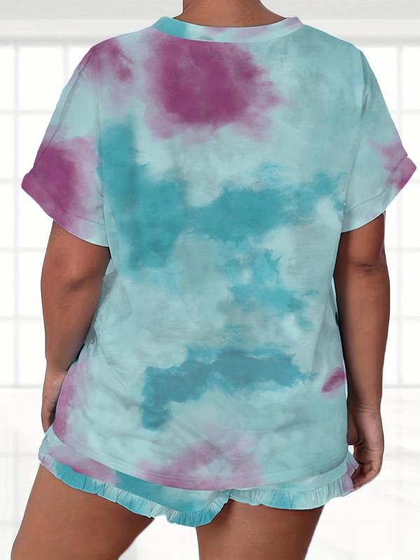 two-piece Set Plus Size 2 Pieces Tie Dye Print Tee & Drawstring Shorts Pyjama Set, Back To School Wear, Lady Short Sleeve T-shirt & Ruffle Hem Shorts Loungewear Pajamas Set, Womenswear Pajamas, Homewear Pjs Wear 2024, Pj Sets for Women